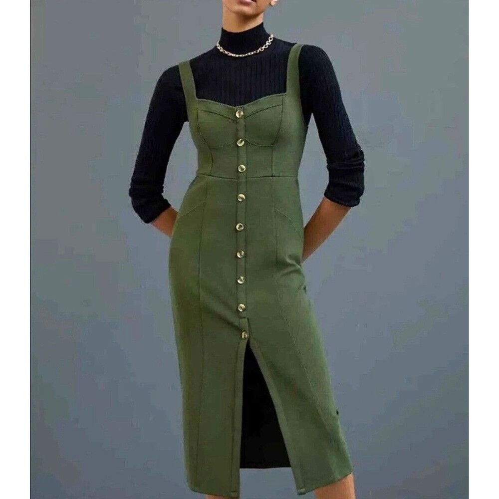 Anthropologie Maeve Women Moss Green Knit Button Front Midi Dress Sz  16W
